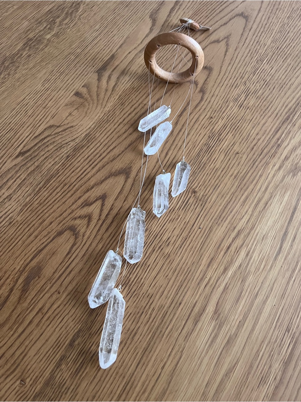 Real Crystal Quartzite Hanging Mobile Wind Chime with Natural Wood Rings - Picture 3 of 10